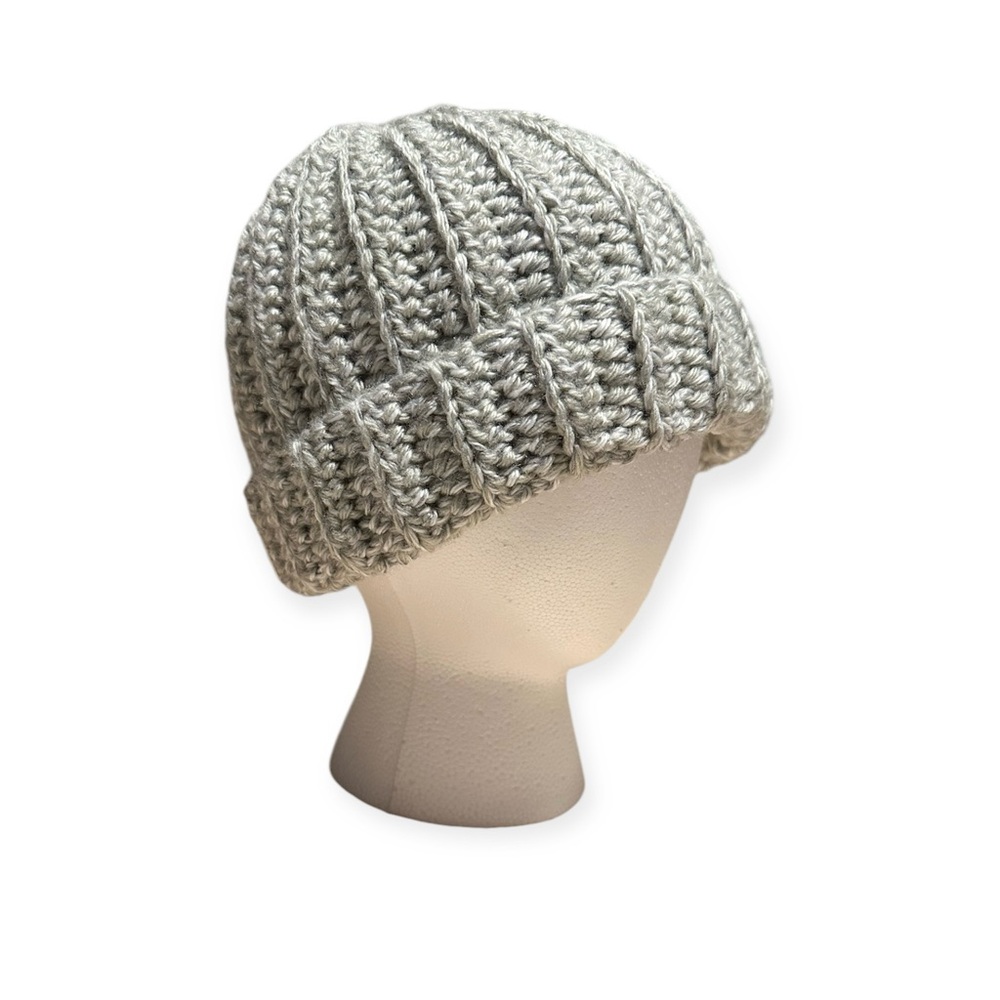 New Handmade Crochet Ribbed Beanie Fold over Hat Winter Gray White Speckled